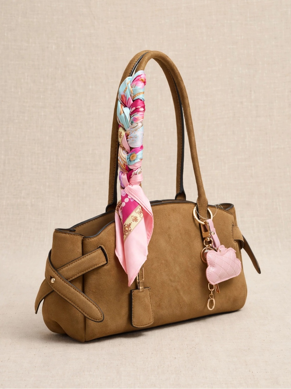 H&M Tan Shoulder Bag with Pink Scarf and Charm